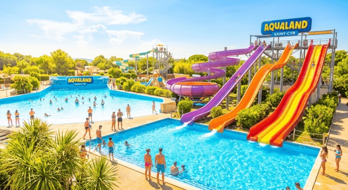 Toboggans aquatiques colorés d’Aqualand à Saint-Cyr-sur-Mer, parc aquatique du Var